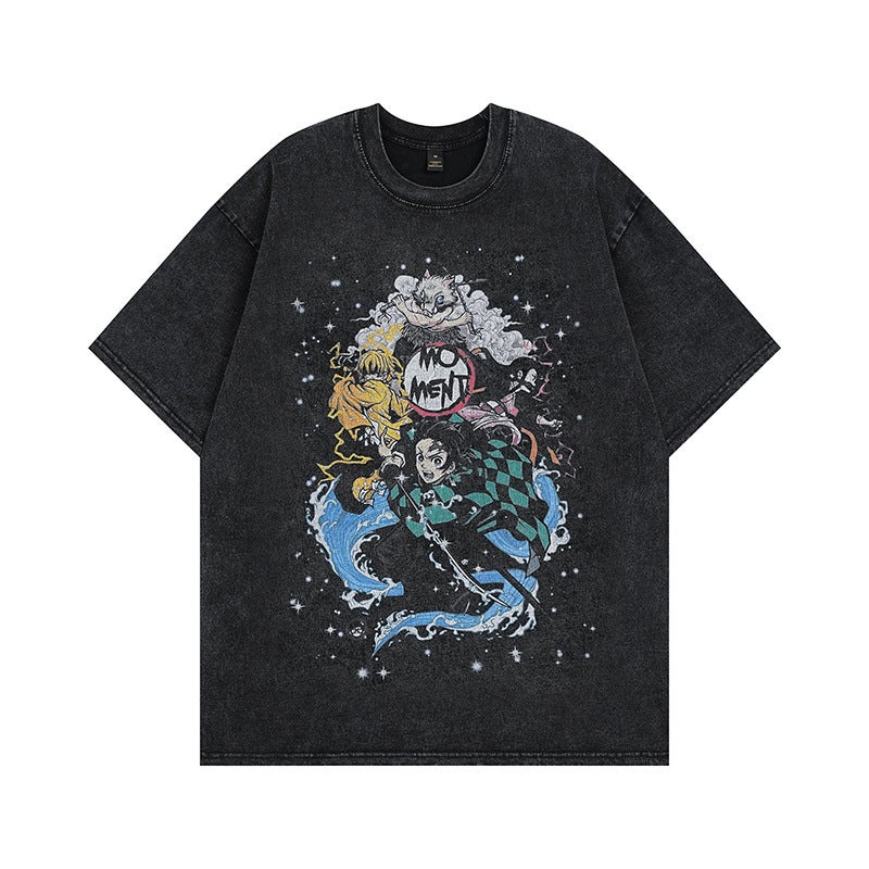 Cartoon Distressed Short-Sleeved T-Shirt For Men And Women American Style Street Retro Trendy Brand Loose Couple Half-Sleeved Tee Shirt - Image 1