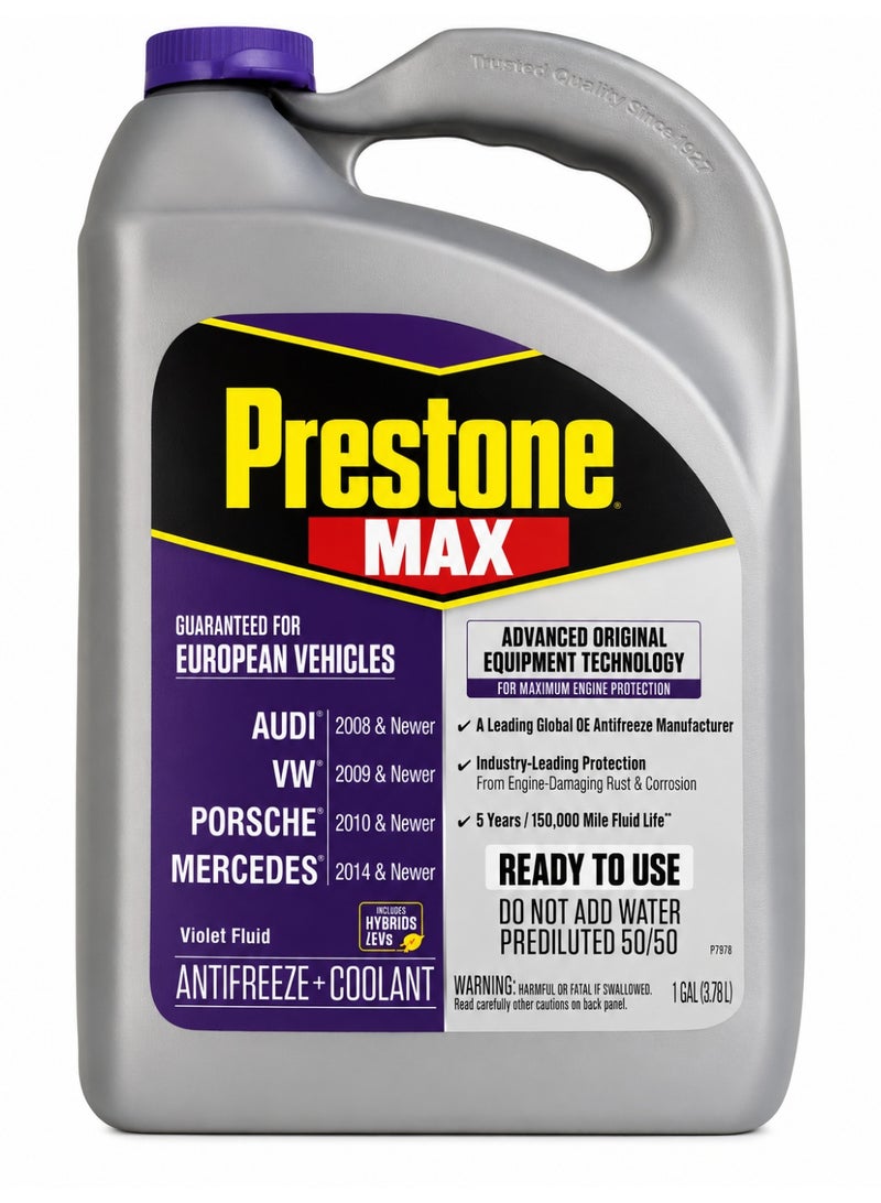 Prestone Max Violet Coolant – Compatible with Audi, VW, Porsche & Mercedes – Ready to Use, 5 Years / 150,000 Miles Protection  – Original Made in USA - Image 1