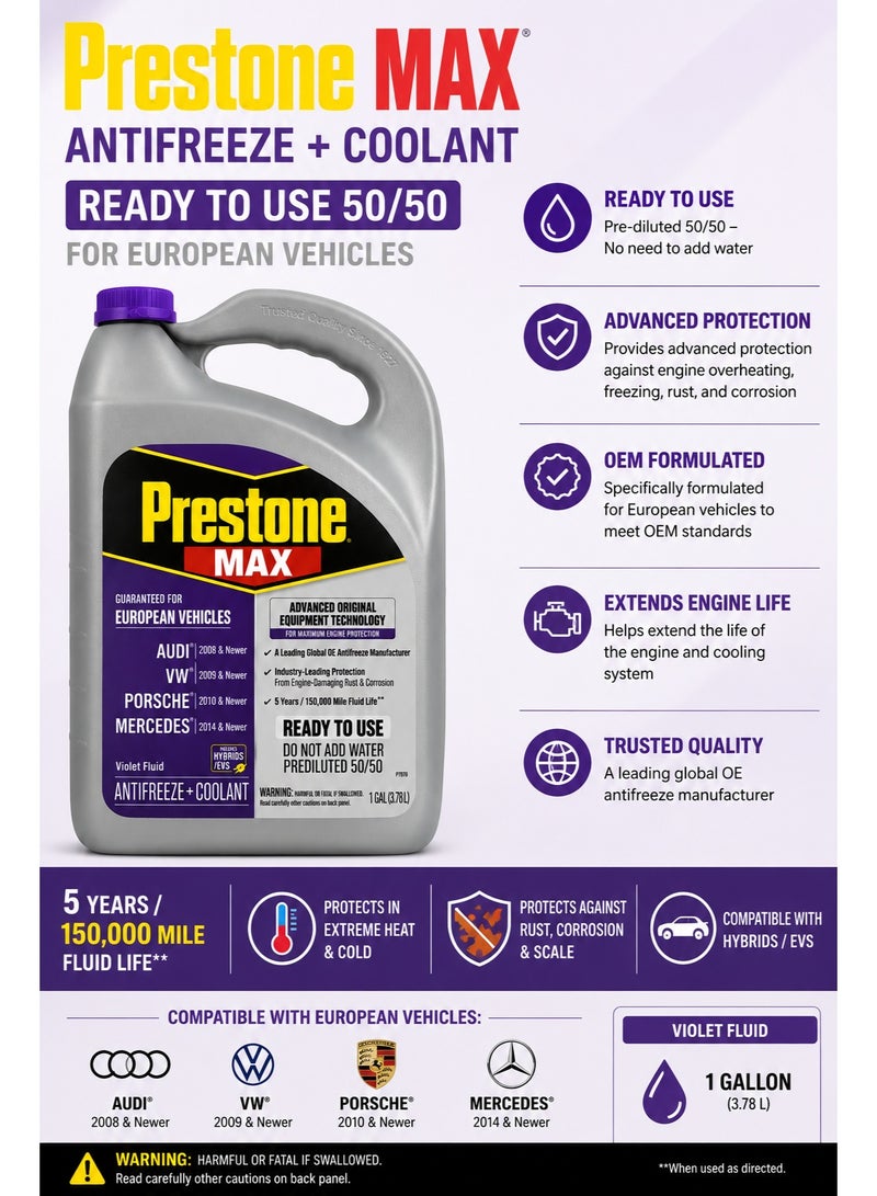 Prestone Max Violet Coolant – Compatible with Audi, VW, Porsche & Mercedes – Ready to Use, 5 Years / 150,000 Miles Protection  – Original Made in USA - Image 2