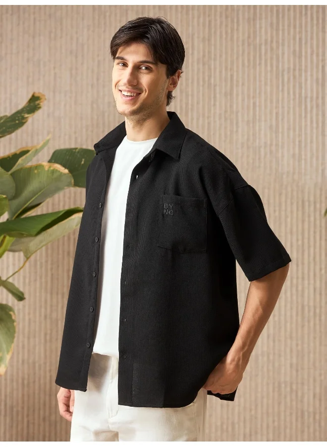 Beyoung Black Half Sleeve Waffle Shirt for Men