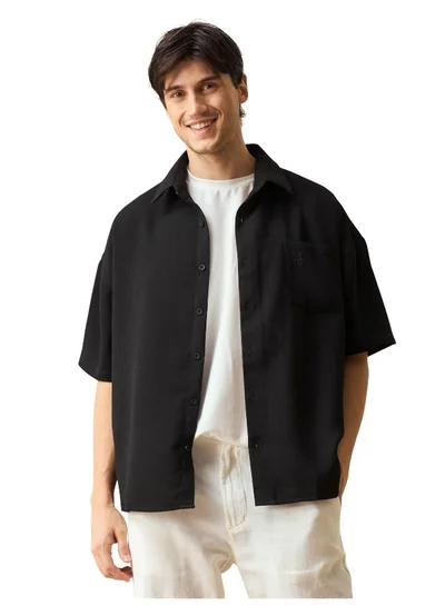 Beyoung Black Half Sleeve Waffle Shirt for Men
