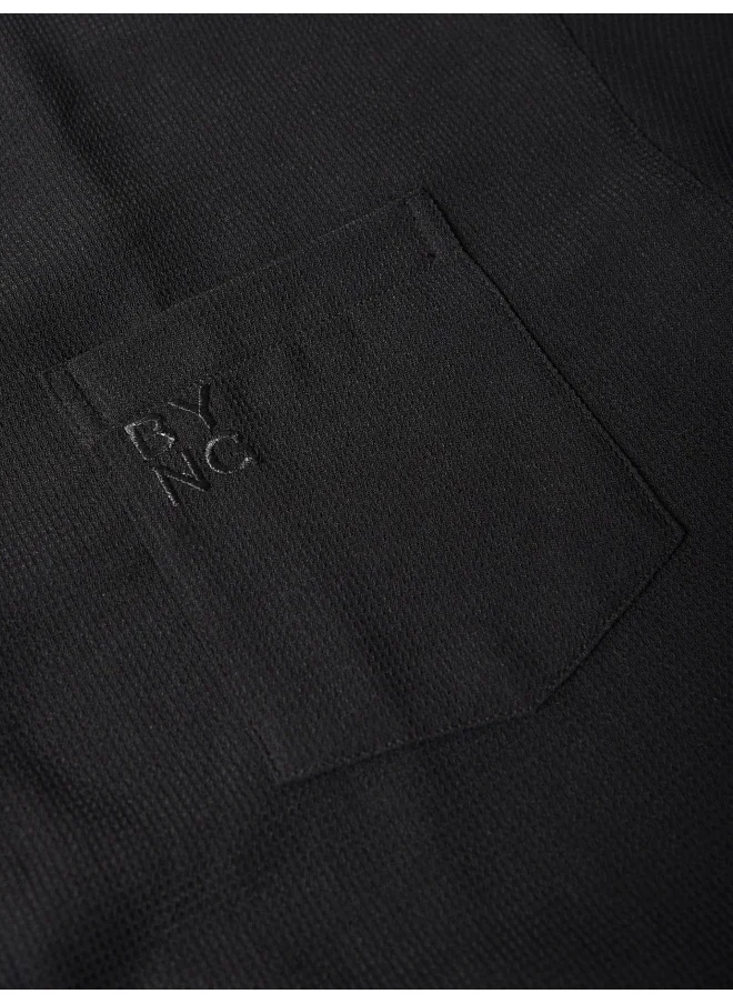 Beyoung Black Half Sleeve Waffle Shirt for Men