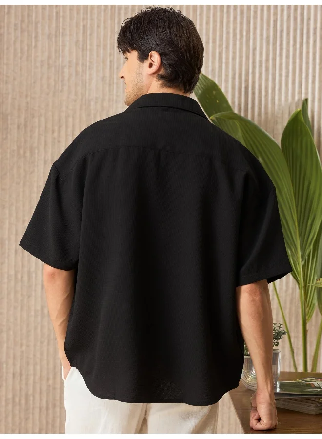 Beyoung Black Half Sleeve Waffle Shirt for Men