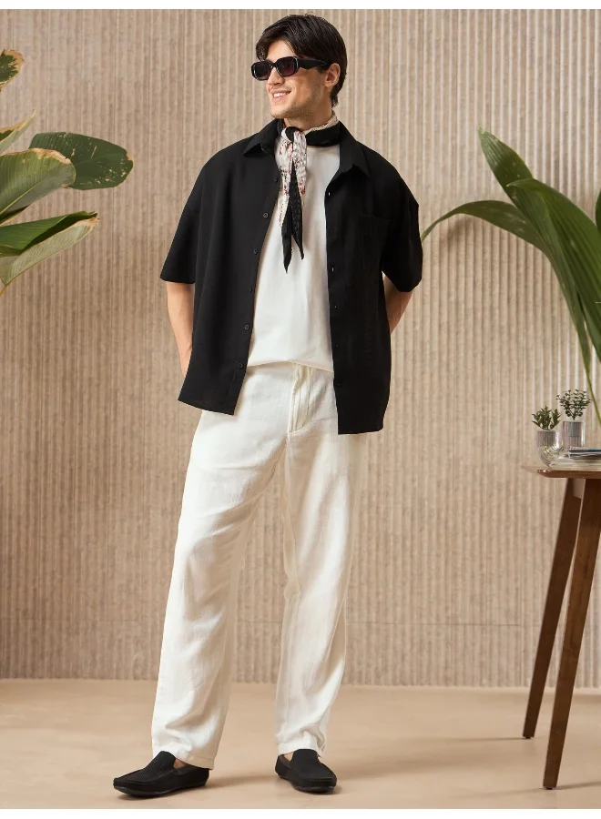 Beyoung Black Half Sleeve Waffle Shirt for Men