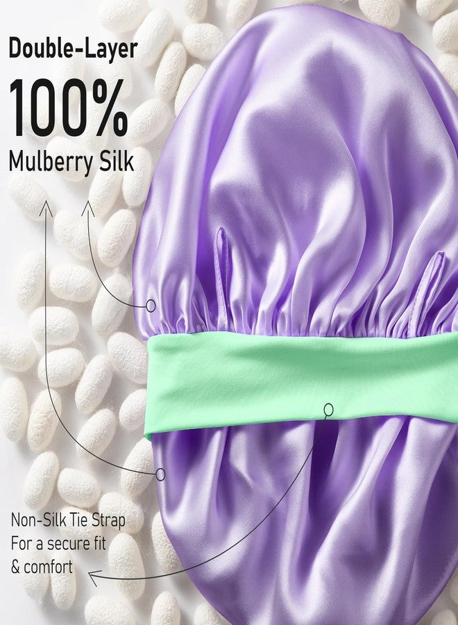 LitBear 100% Mulberry Silk Bonnet for Sleeping Women, 6A 22 Momme, Large Double-Layer Hair Wrap with Tie Band, Non-Slip Turban (Purple) - Image 4
