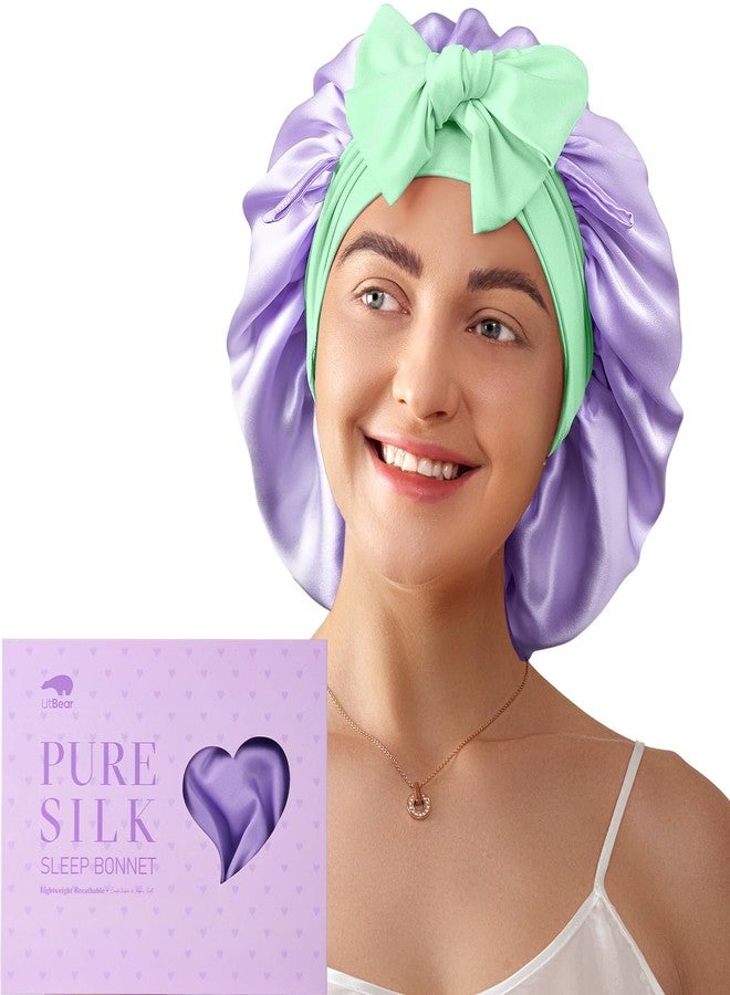 LitBear 100% Mulberry Silk Bonnet for Sleeping Women, 6A 22 Momme, Large Double-Layer Hair Wrap with Tie Band, Non-Slip Turban (Purple) - Image 1