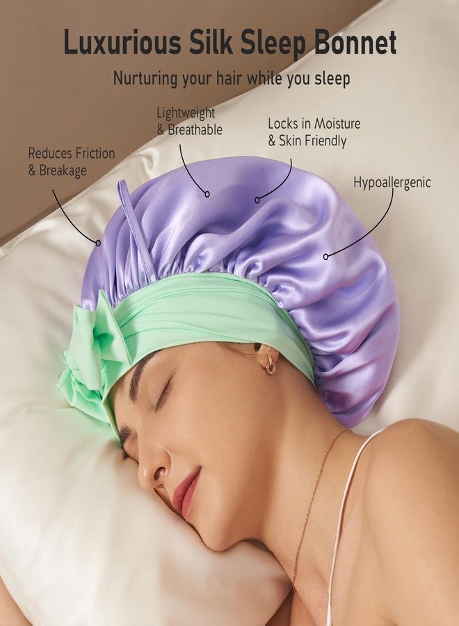 LitBear 100% Mulberry Silk Bonnet for Sleeping Women, 6A 22 Momme, Large Double-Layer Hair Wrap with Tie Band, Non-Slip Turban (Purple) - Image 2