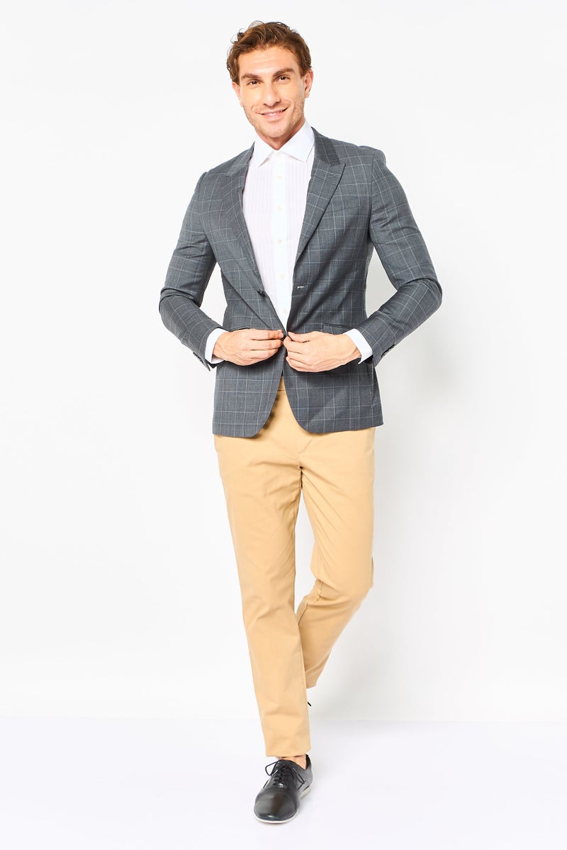 SELECTED بليزر كاجوال رجالي بقصة ضيقة ومربعات، رمادي - Image 3