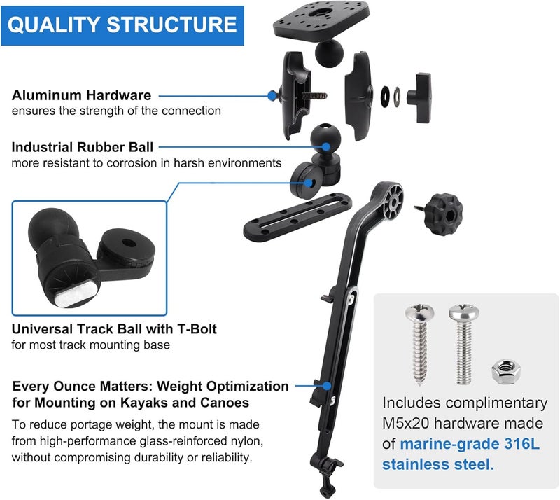WINDFRD Kayak Fish Finder Mount with Transducer Mounting Arm, 1.5" Ball Marine Electronic Mount for Boat Track, Universal Mounting Plate, Compatible with Scotty, Lowrance, Garmin Fish Finders - Image 5