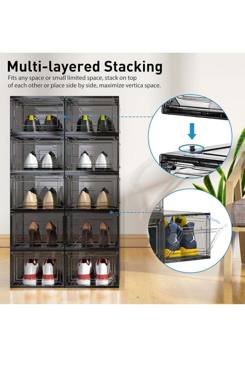 مجموعة من 10 صناديق لتنظيم الأحذية، صناديق تخزين أحذية بلاستيكية سوداء قابلة للتكديس للخزانة، حامل أحذية موفر للمساحة لعرض الأحذية الرياضية للأحذية متوسطة الحجم (أسود) - Image 5
