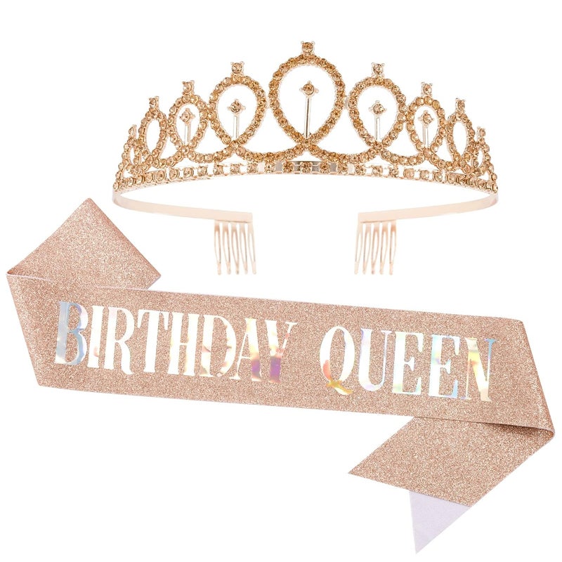 Cavetee Champagne Gold Birthday Queen Crown and Sash Set - Rhinestone Tiara and Sash - Women's Birthday Decorations - Image 1