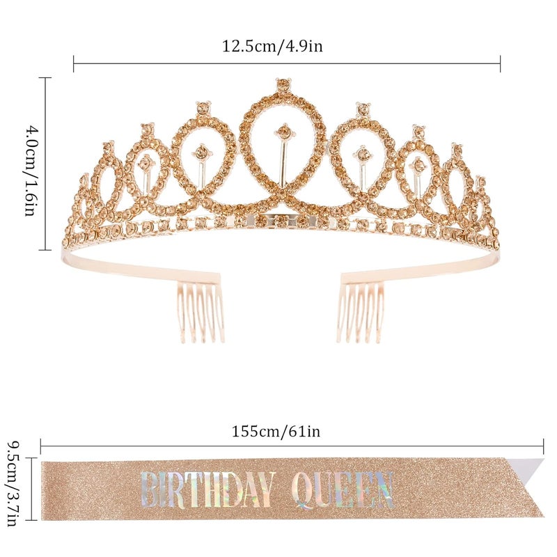 Cavetee Champagne Gold Birthday Queen Crown and Sash Set - Rhinestone Tiara and Sash - Women's Birthday Decorations - Image 3