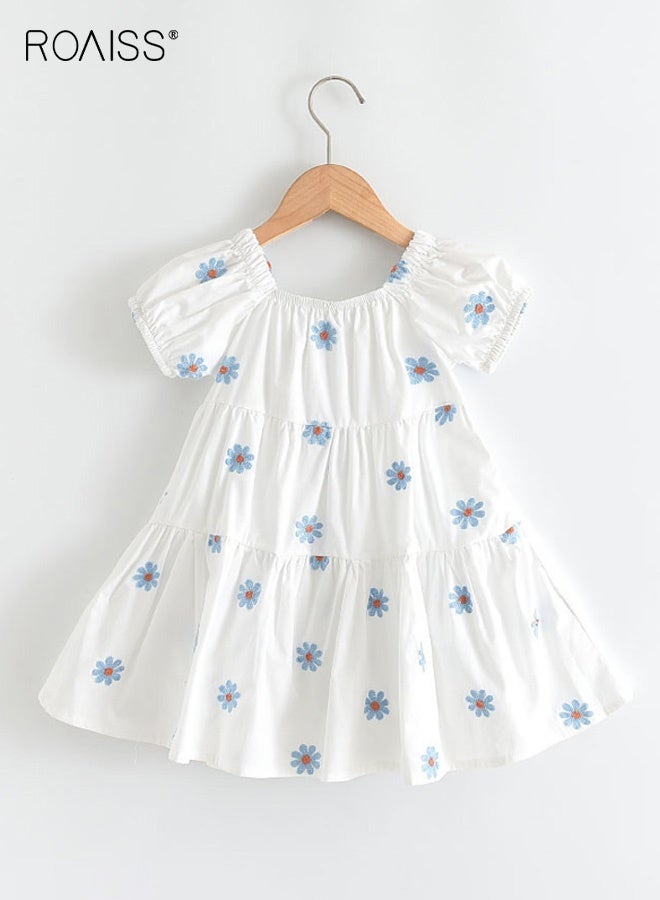 roaiss Girls A Line Dress with Daisy Embroidery, Short Sleeved Round Neck Dress, Elegant Chic Frock for Girls, Suitable for Daily Wear, Vacations, Birthday Parties or Any Occasion - Image 2