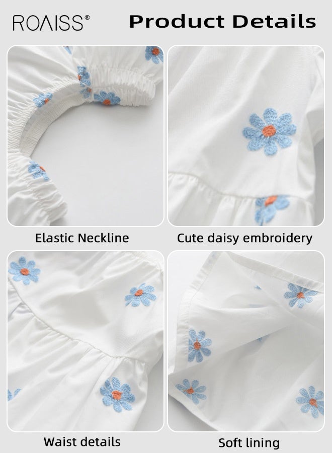 roaiss Girls A Line Dress with Daisy Embroidery, Short Sleeved Round Neck Dress, Elegant Chic Frock for Girls, Suitable for Daily Wear, Vacations, Birthday Parties or Any Occasion - Image 4