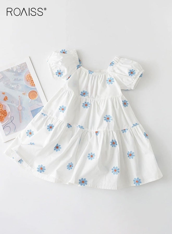 roaiss Girls A Line Dress with Daisy Embroidery, Short Sleeved Round Neck Dress, Elegant Chic Frock for Girls, Suitable for Daily Wear, Vacations, Birthday Parties or Any Occasion - Image 3
