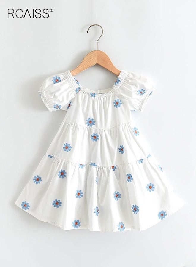 roaiss Girls A Line Dress with Daisy Embroidery, Short Sleeved Round Neck Dress, Elegant Chic Frock for Girls, Suitable for Daily Wear, Vacations, Birthday Parties or Any Occasion - Image 1