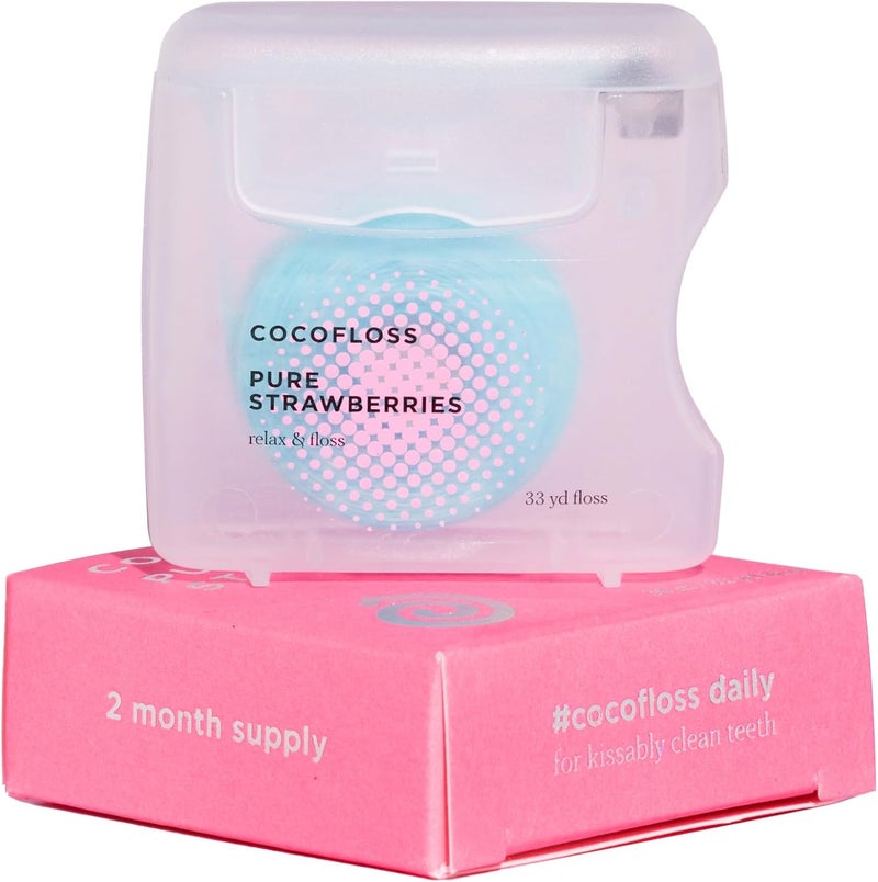 Cocofloss Woven Dental Floss, Dentist-Designed Oral Care, Strawberry Scent, Waxed, Expanding, Kid-Friendly String Floss with Coconut Oil, 1 Spool (33 yd) - Image 1