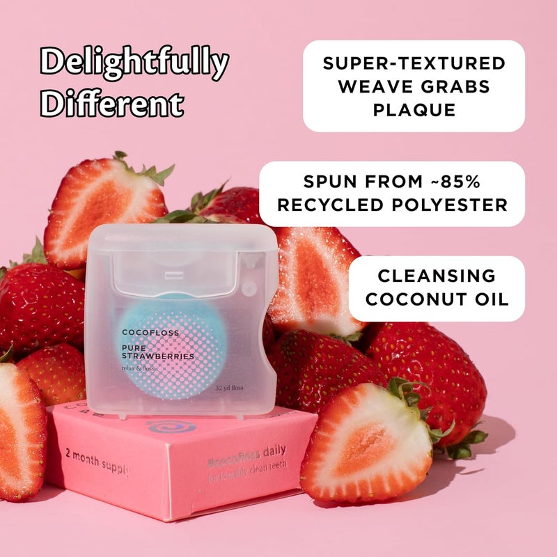 Cocofloss Woven Dental Floss, Dentist-Designed Oral Care, Strawberry Scent, Waxed, Expanding, Kid-Friendly String Floss with Coconut Oil, 1 Spool (33 yd) - Image 2