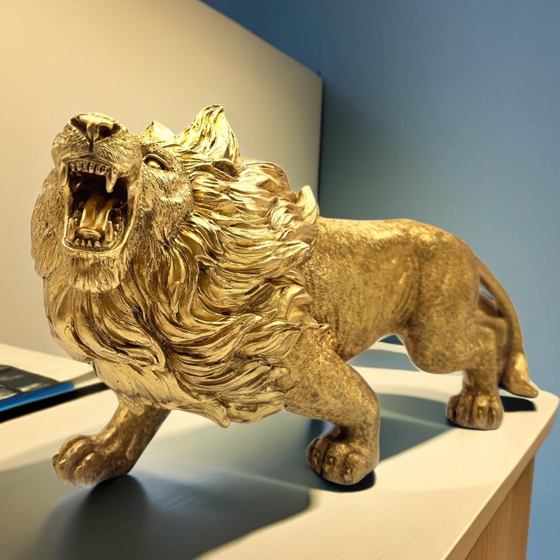 SHTWX 13 Inch Strong Lion Statue Figurine Sculpture Resin Collectible Gifts for Lion Lover Office Home Decor Desk Accessories Decoration Garden Figurines Outdoor Decor Gold - Image 2