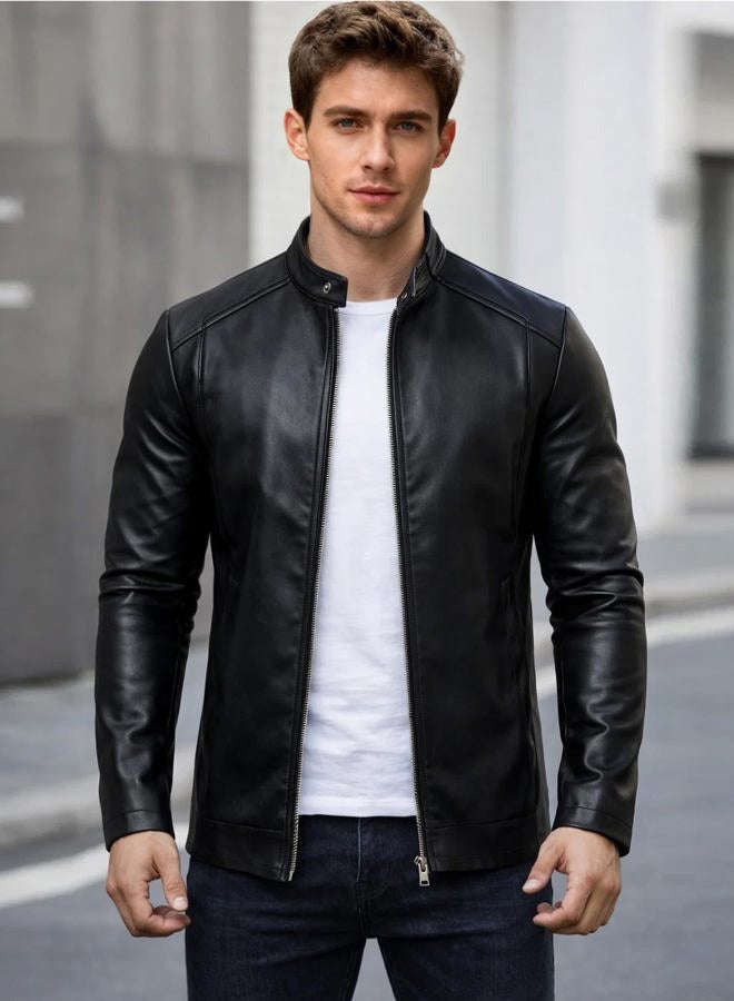 Zbrandy Mens Leather Jacket Faux Leather Motorcycle Jackets Stand Collar Biker Coat Outwear, Black, M - Image 2