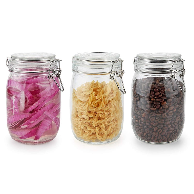ComSaf Glass Storage Jars with Lids 1000ML Food Canisters Set of 3 - Airtight Clear Preserving Seal Wide Mouth Containers with Wire Clip Fastening for Kitchen Canning Cereal,Pasta,Sugar,Coffee,Spices - Image 1