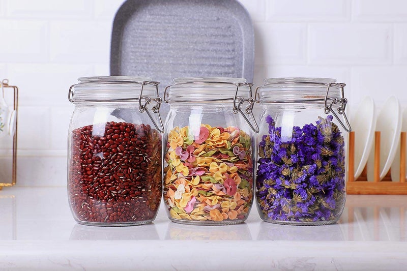 ComSaf Glass Storage Jars with Lids 1000ML Food Canisters Set of 3 - Airtight Clear Preserving Seal Wide Mouth Containers with Wire Clip Fastening for Kitchen Canning Cereal,Pasta,Sugar,Coffee,Spices - Image 2