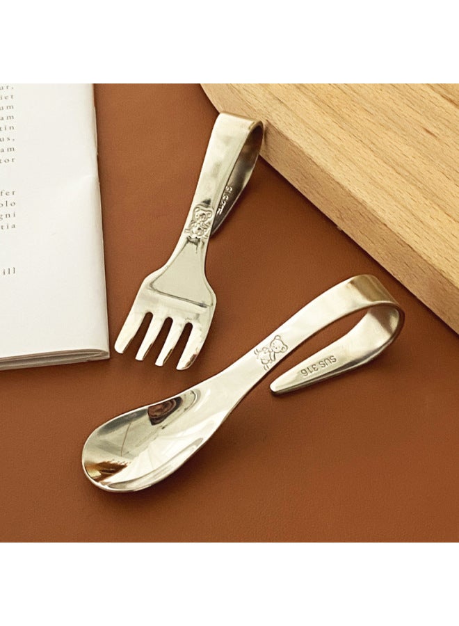 Curved Fork Spoon 316 Stainless Steel Baby's Short Handle Auxiliary Food Spoon Food Grade Household Children's Self-eating Tableware-Specifications:No Specifications-Color:One Set Of Fork And Spoon - Image 2