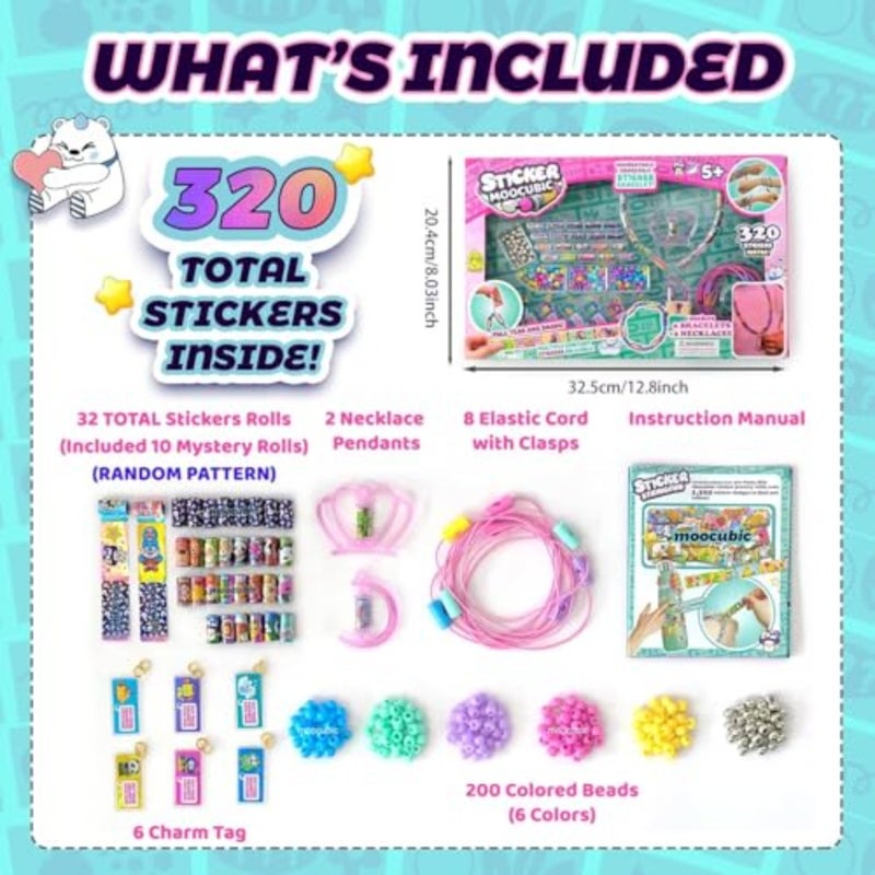 Rolls Stickers, Jewelry Making Kit, Art and Craft Toys Includes 320 Mini Sticky, Builds 6 Bracelet or 2 Necklace, 200 Beads and 2 Pendants, Wearable DIY Friendship Gift for Ages 5+ Girls and Boys - Image 4