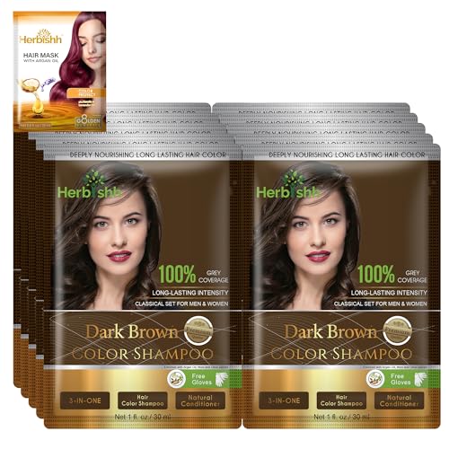 Herbishh Natural Hair Color Shampoo for Gray Hair Argan Hair Mask Travel Size LongLasting Color AmmoniaFree 10 Pack 1 Pack Dark Brown - Image 1