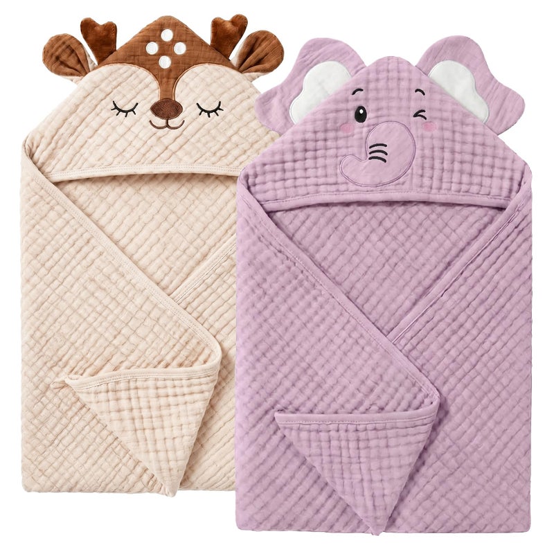 CandyHome 4 PCS Muslin Baby Bath Towels Set 100 Cotton 2 PCS Animal Hooded Baby Towels 32x32 Inch 2 PCS Washcloths Ultra Absorbent Soft Infant Newborn Essentials Gifts for Boys Girls Elephant Deer - Image 2