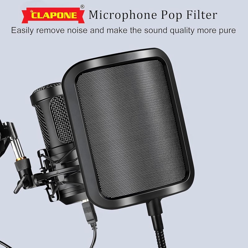 CLAPONE Microphone Pop Filter Mask Shield Professional Microphone Stand Mic Clip Holder for Studio Sound Recording, Meeting (Premium Black, Pop Filter Square Shield) - Image 4