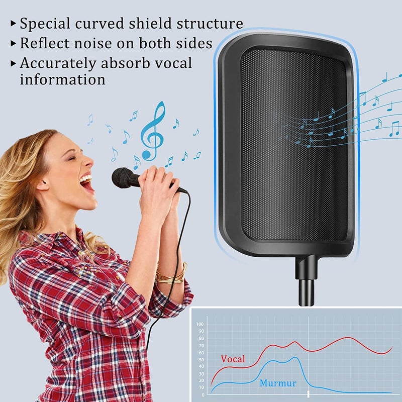 CLAPONE Microphone Pop Filter Mask Shield Professional Microphone Stand Mic Clip Holder for Studio Sound Recording, Meeting (Premium Black, Pop Filter Square Shield) - Image 3