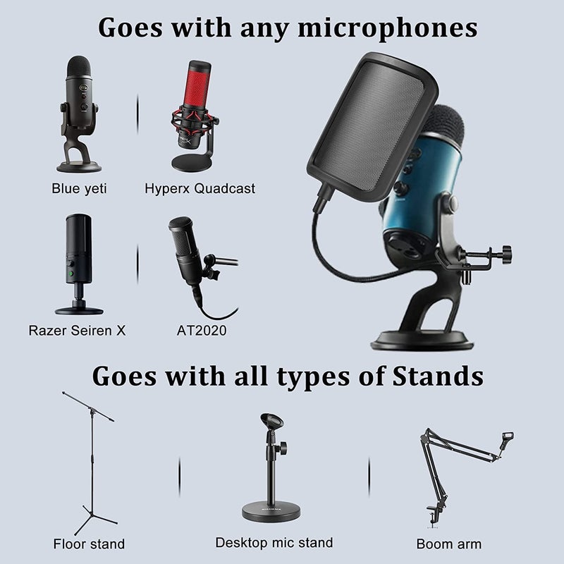 CLAPONE Microphone Pop Filter Mask Shield Professional Microphone Stand Mic Clip Holder for Studio Sound Recording, Meeting (Premium Black, Pop Filter Square Shield) - Image 2