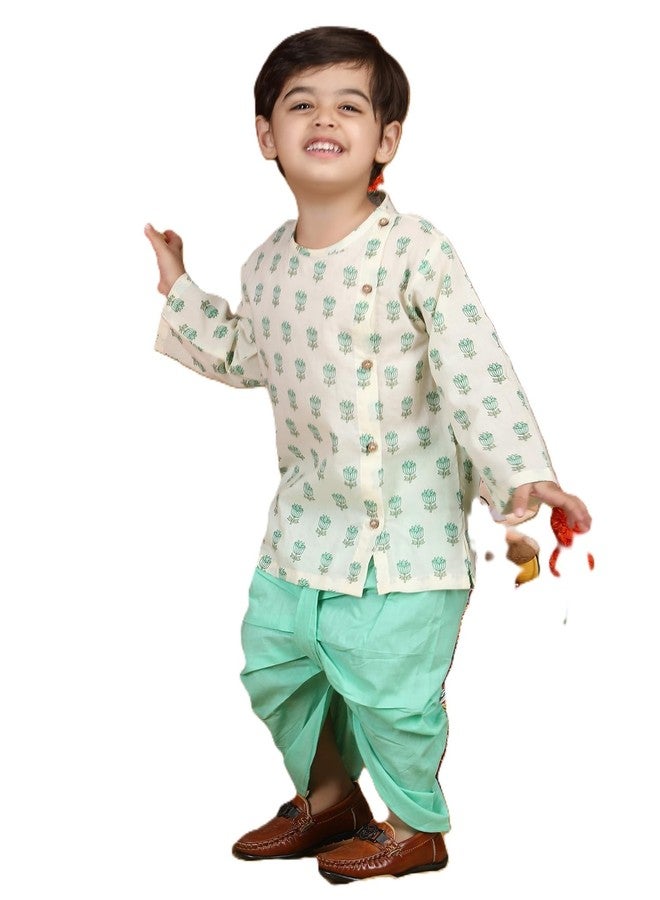 Polka Tots طقم دهوتي كورتا تقليدي أنيق للأطفال - فستان عرقي ناعم من القطن للمهرجانات - زي هندي مريح للرضع والأطفال الصغار (اللون: أبيض وزرقاء مائية، 0-3 أشهر) - Image 1