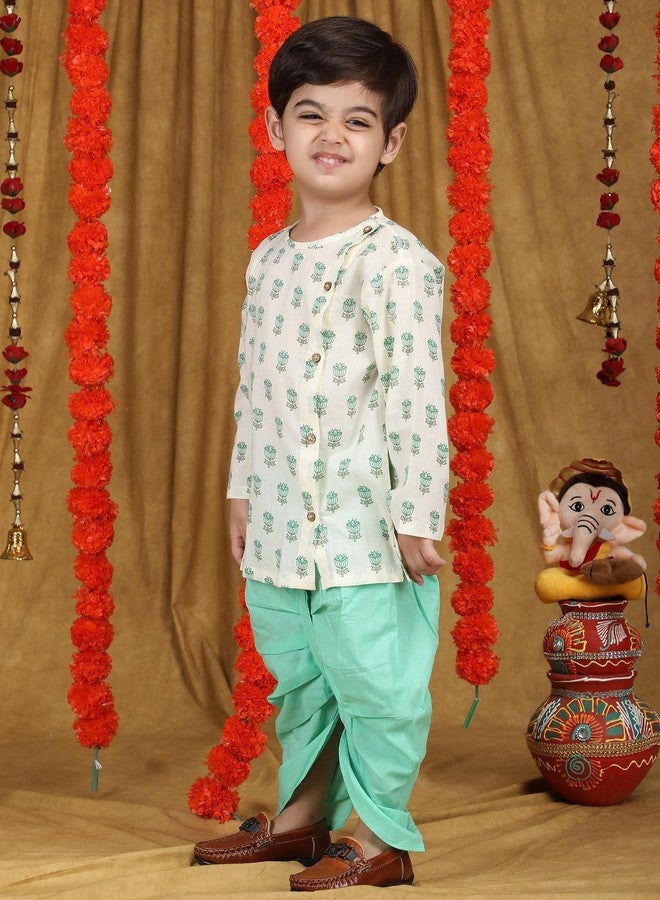 Polka Tots طقم دهوتي كورتا تقليدي أنيق للأطفال - فستان عرقي ناعم من القطن للمهرجانات - زي هندي مريح للرضع والأطفال الصغار (اللون: أبيض وزرقاء مائية، 0-3 أشهر) - Image 4