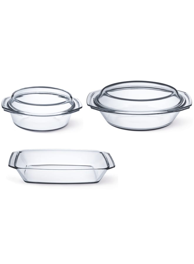 Simax 5-Piece Heat-Resistant Glass Oven Set, 2 Pots + 2 Covers (Size: 1.5L-2.4L) + 2.4L Rectangular Casserole, Czech