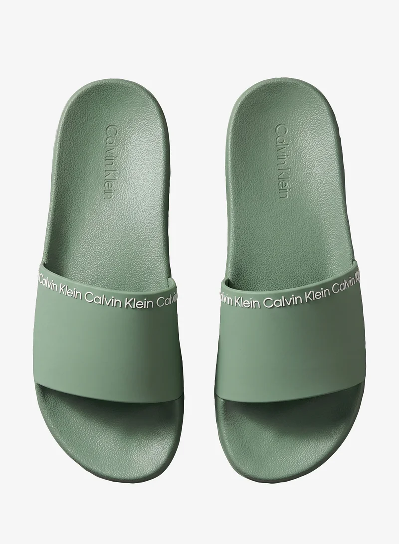 Calvin Klein Sea Spray/Bright White Essential Repeat Logo Pool Slides for Men | Best Price UAE