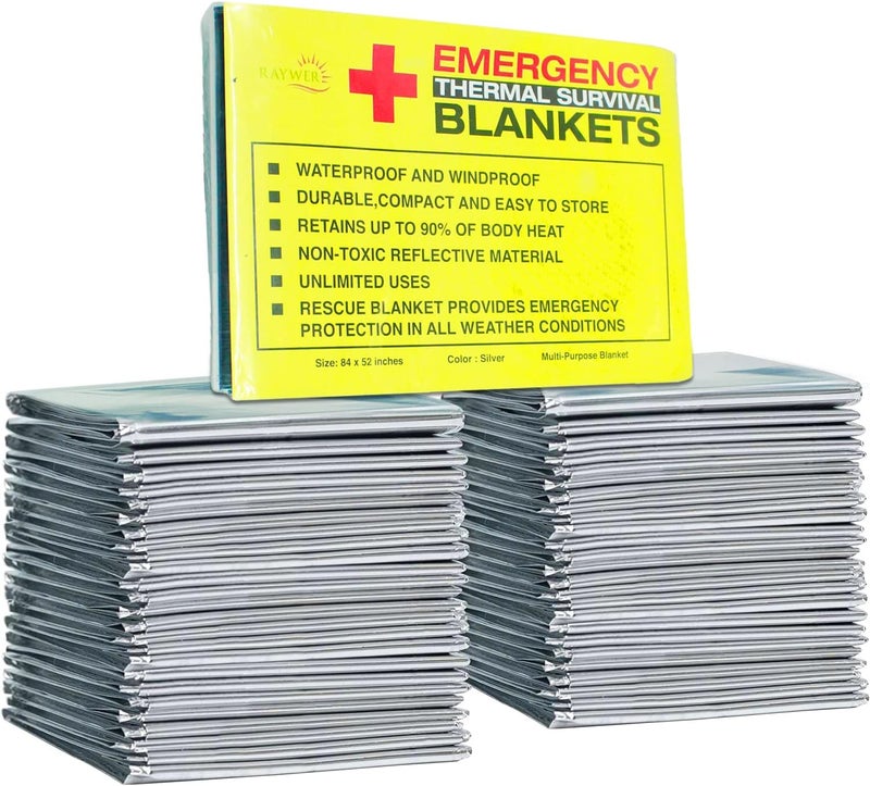 RAYWER Rawyer (50 Pack) Emergency Thermal Survival Blankets, Mylar Blankets for Outdoor, Camping, Hiking, Survival in Harsh Weather, Large Silver Thermal Sheets, Heavy Duty Survival Gear (50, 84x52) - Image 4
