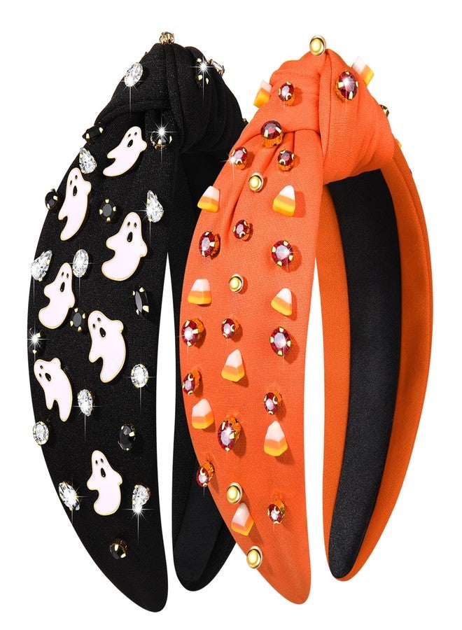 CEALXHENY 2PCS Halloween Headbands for Women Boo Trick or Treat Knotted Headband Embellished Rhinestone Pearl Top Knot Headbands Halloween Accessories Costume Party Favors (2PCSHalloween B) - Image 2