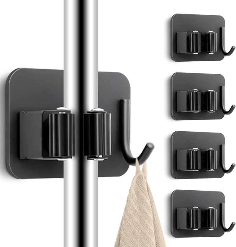 KBS Mop Broom Toilet Jet Spray Holder (PACK OF -1) with 1 Hanger Hook Heavy Duty Metal Wall Mounted Without Drilling Self Adhesive Tool Storage Organizer for Home Kithen Bathroom Garden Garage (Black) - Image 1