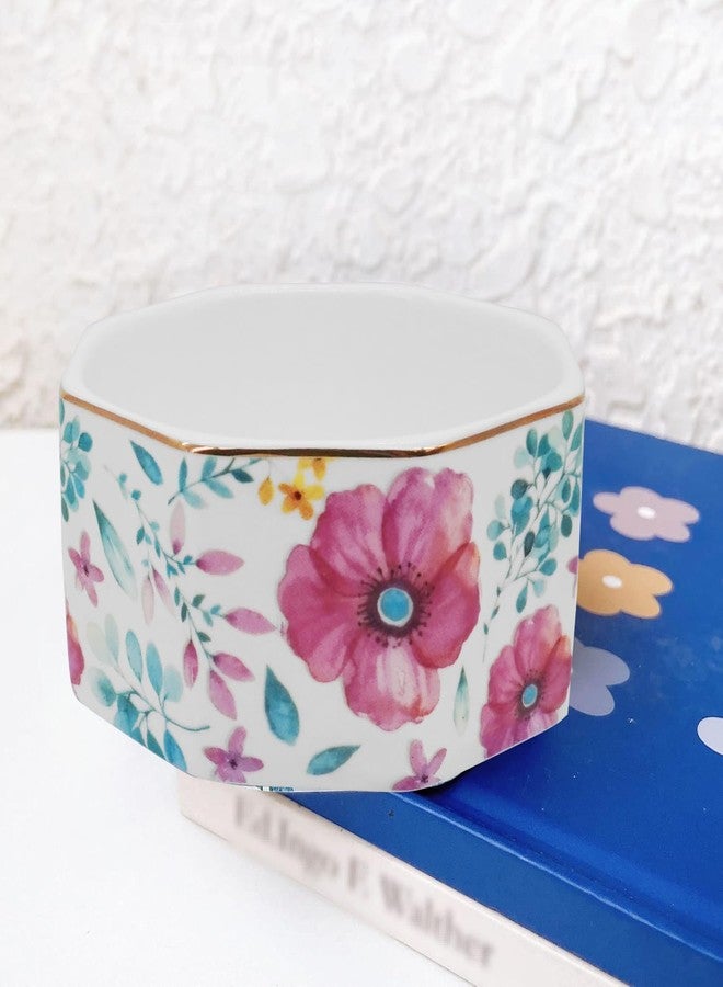 LEAZUL Ceramic Paper Clip Holder Gold Line Paper Clip Dispenser Organizer for Desk Cute Floral Pattern Office Binder Clip Holder Bobby Pin and Hair Clip Holder Gift for Office (Purple Red) - Image 2