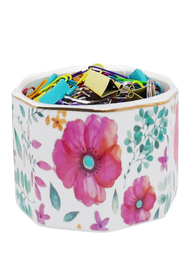 LEAZUL Ceramic Paper Clip Holder Gold Line Paper Clip Dispenser Organizer for Desk Cute Floral Pattern Office Binder Clip Holder Bobby Pin and Hair Clip Holder Gift for Office (Purple Red) - Image 1