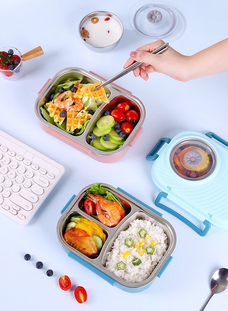 الفولاذ المقاوم للصدأ مربع الغداء للأطفال والكبار ، معزول الغداء مربع مع أدوات المائدة ، 3 فصل الغداء الحاويات مع غطاء ، مانعة للتسرب ( الوردي ) - Image 3