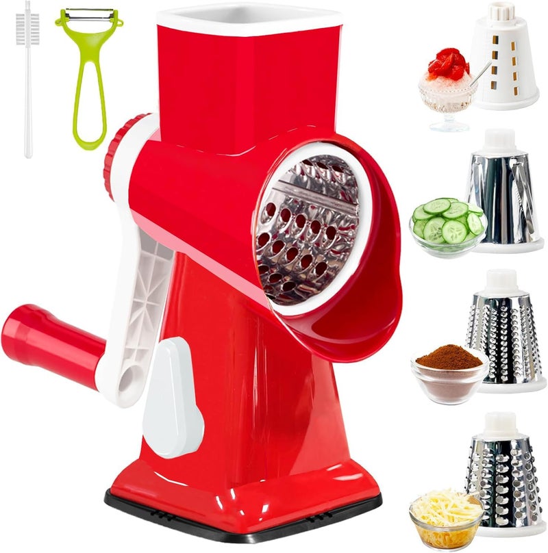 KalraMay Rotary Cheese Grater with Handle, Multifunctional Kitchen tool, Stainless Steel Rotary Grater Slicer for Fruit, Vegetables, Nuts (Red) - Image 1