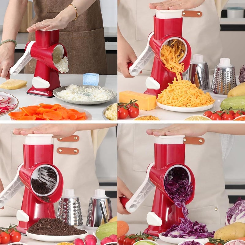 KalraMay Rotary Cheese Grater with Handle, Multifunctional Kitchen tool, Stainless Steel Rotary Grater Slicer for Fruit, Vegetables, Nuts (Red) - Image 3