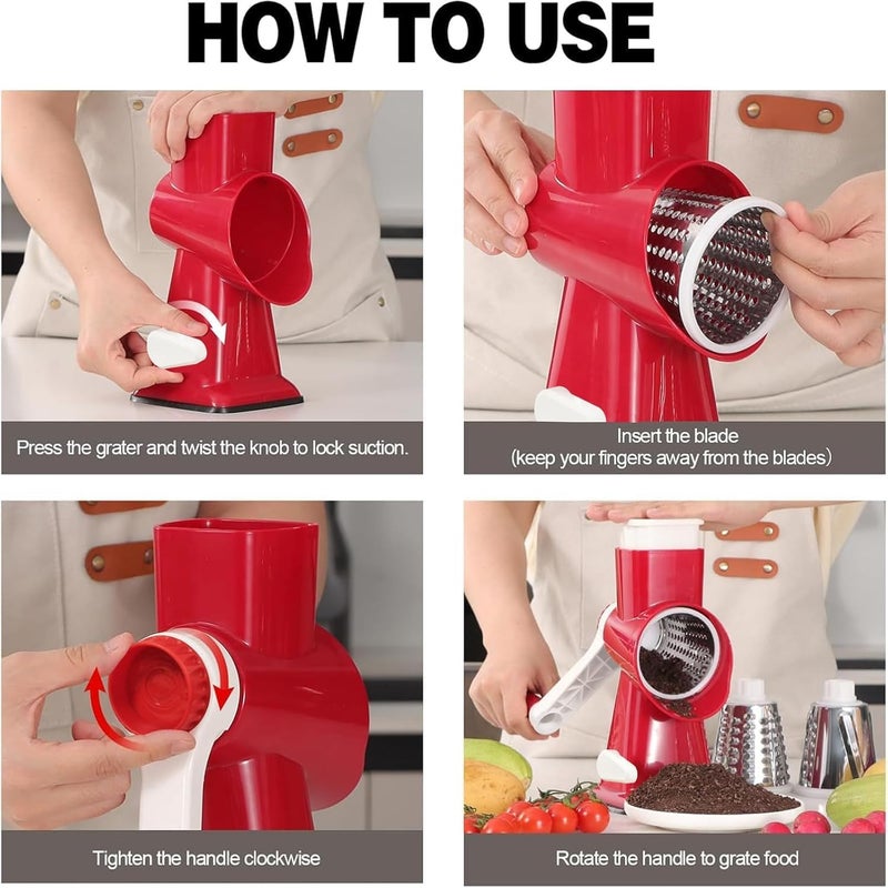 KalraMay Rotary Cheese Grater with Handle, Multifunctional Kitchen tool, Stainless Steel Rotary Grater Slicer for Fruit, Vegetables, Nuts (Red) - Image 5