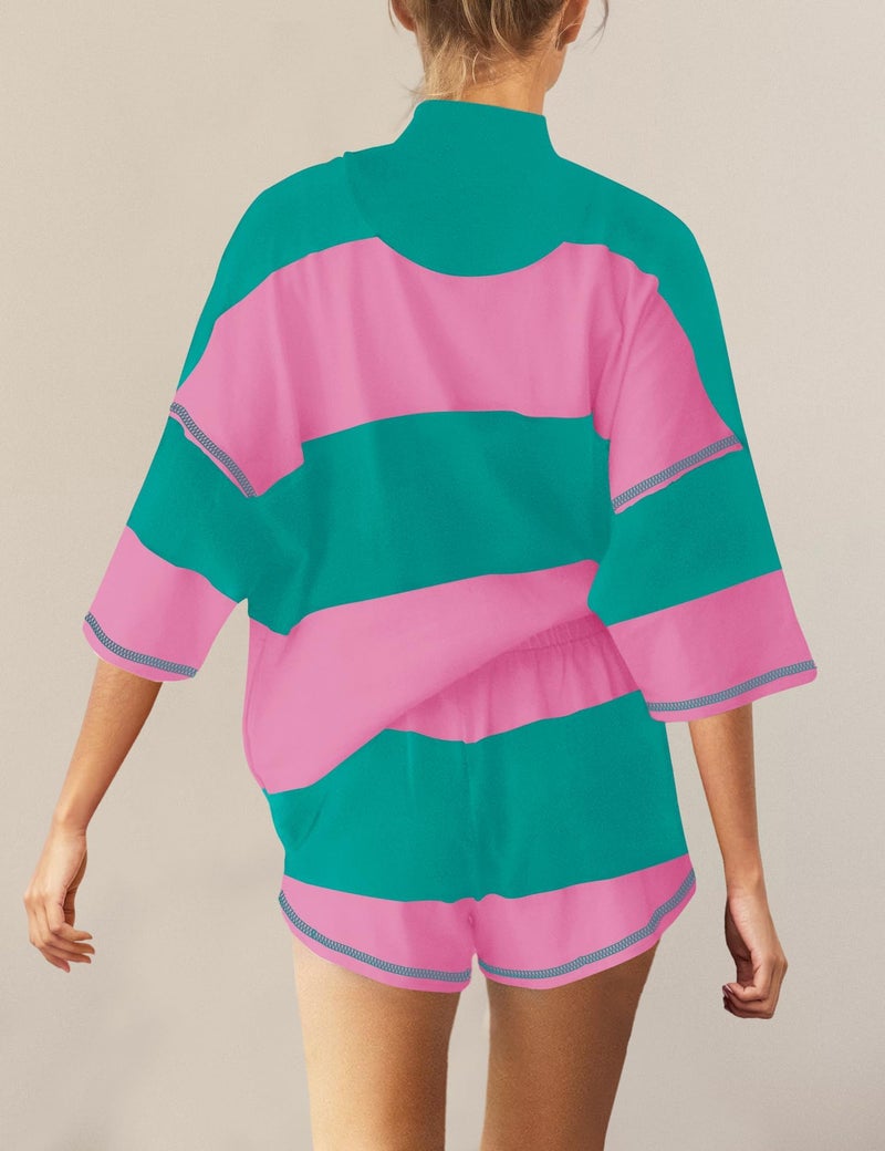 Panadila Women Striped Workout Set Two Piece Outfit Tracksuit Oversized Lounge Set Top and Shorts Sets with Pockets(Pink Green Combo,L) - Image 3