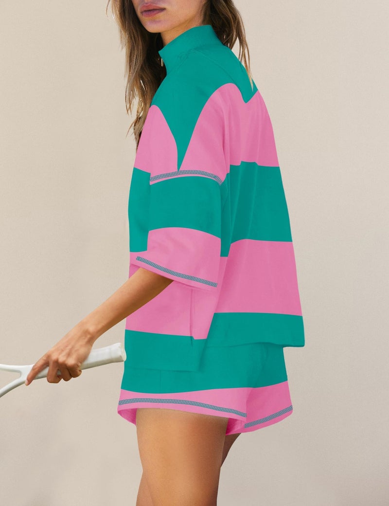 Panadila Women Striped Workout Set Two Piece Outfit Tracksuit Oversized Lounge Set Top and Shorts Sets with Pockets(Pink Green Combo,L) - Image 2