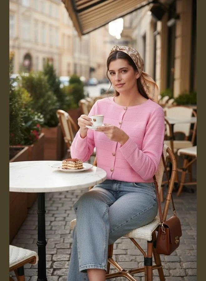 Lela Lela Premium Regular Fit Crew Neck Buttoned Textured Knitwear Cardigan Women's CARDIGAN 680HI00337