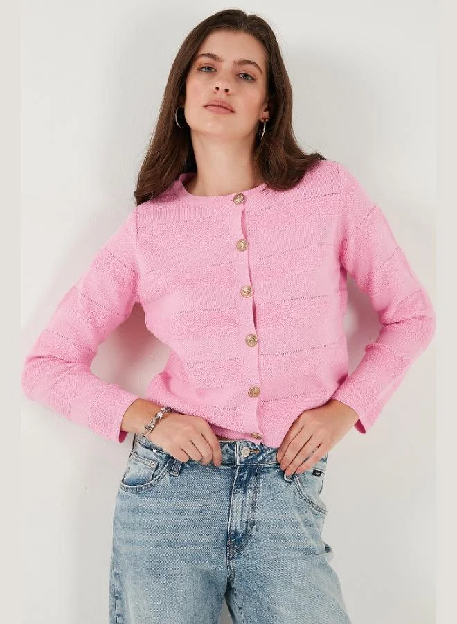 Lela Lela Premium Regular Fit Crew Neck Buttoned Textured Knitwear Cardigan Women's CARDIGAN 680HI00337